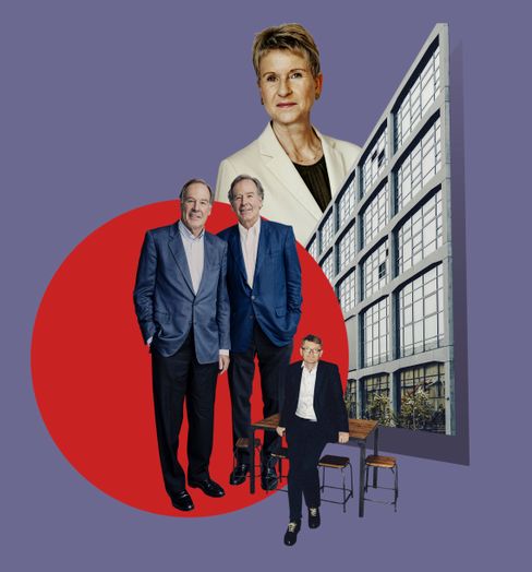 Illustration showing Susanne Klatten, Thomas and Andreas Strüngmann, and Helmut Schönenberger with Munich Urban Colab